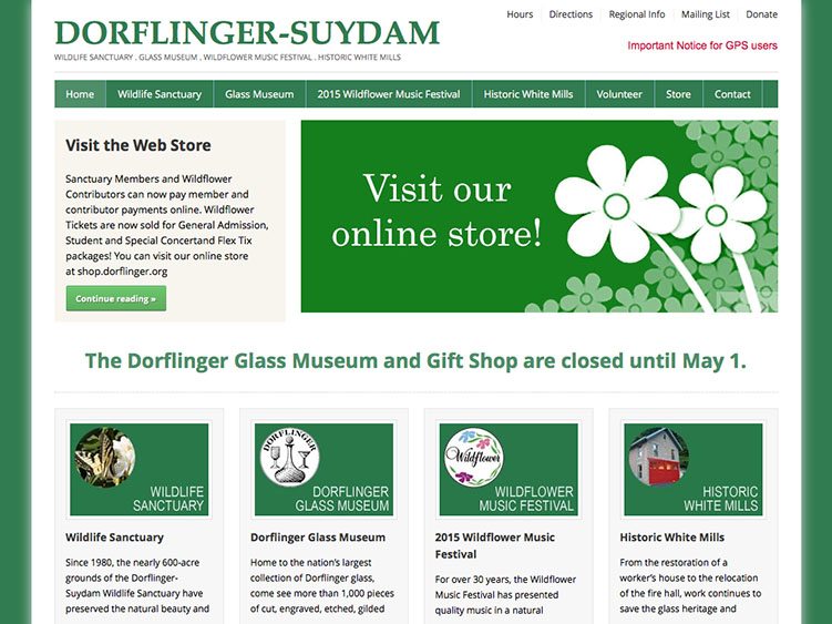 Website screenshot for Dorflinger-Suydam Wildlife Sanctuary, Glass Museum and Historic Locale